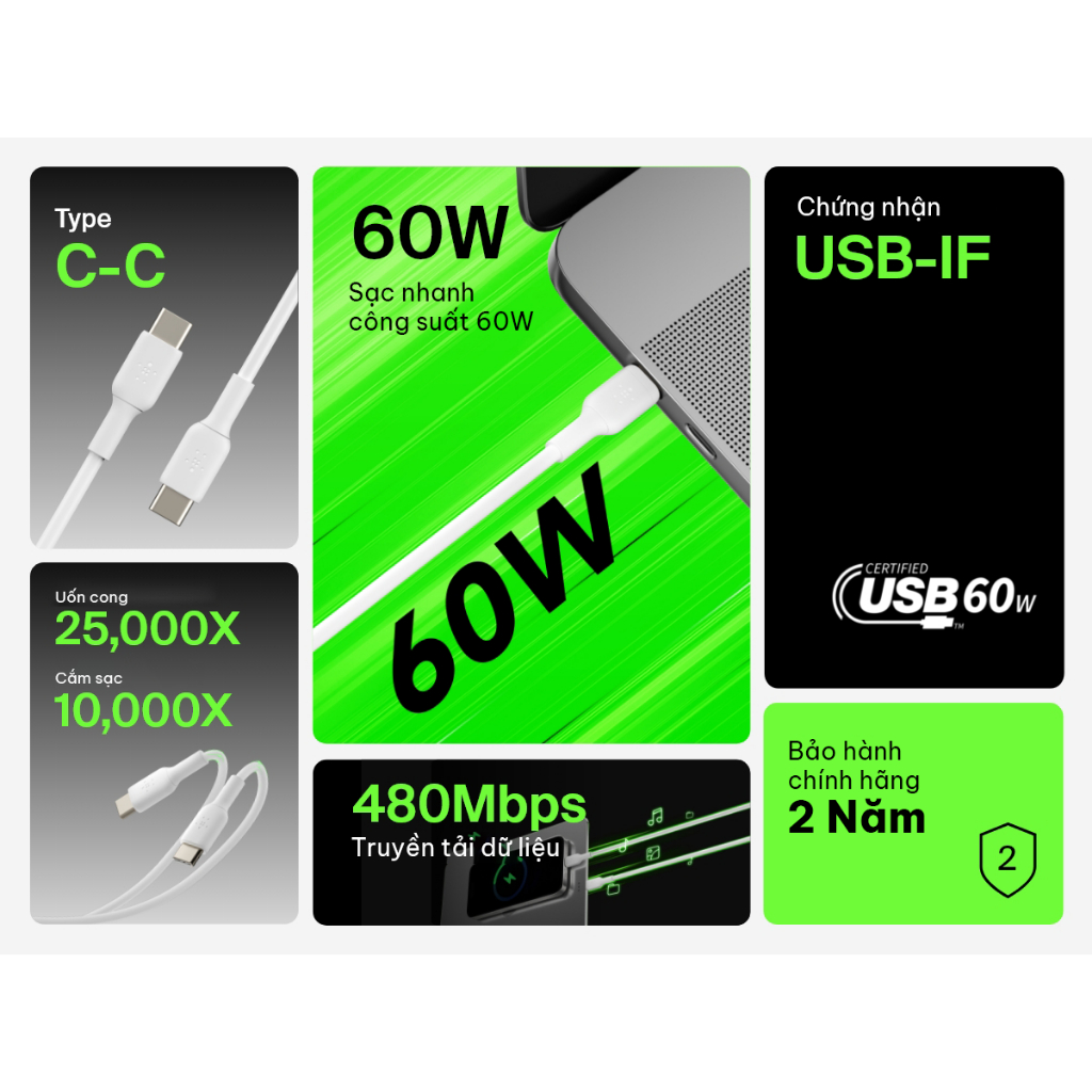 Ảnh Cáp sạc nhanh Belkin 60W BOOST↑CHARGE™ Chuẩn USB-C to USB-C, Truyền dữ liệu nhanh | Vỏ nhựa bền bỉ, 2