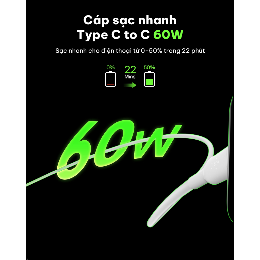Ảnh Cáp sạc nhanh Belkin 60W BOOST↑CHARGE™ Chuẩn USB-C to USB-C, Truyền dữ liệu nhanh | Vỏ nhựa bền bỉ, 1