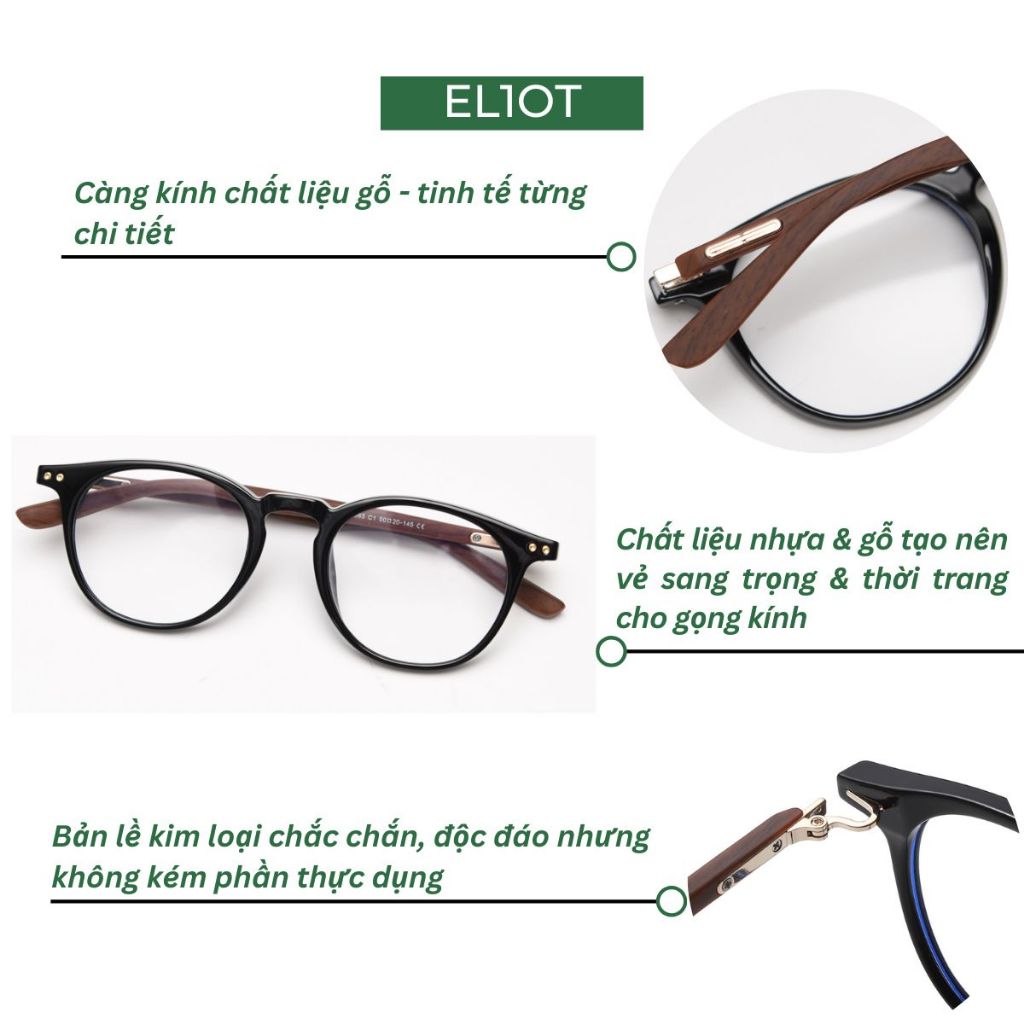 Gọng kính cận ELIOT mắt tròn chất liệu nhựa bản lề kim loại chắc chắn thời trang 363