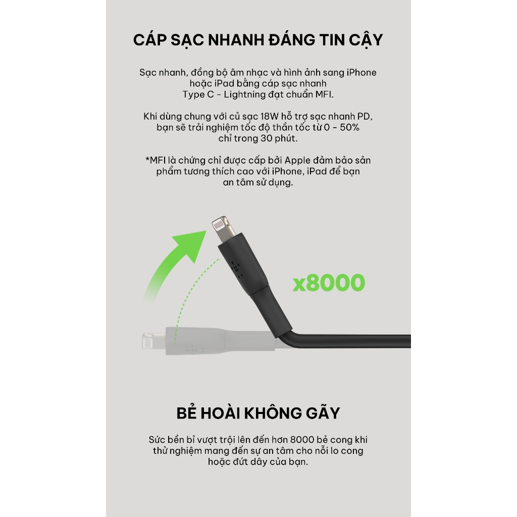 Ảnh Cáp sạc nhanh USB-C to Lightning BOOST CHARGE Belkin 30W vỏ nhựa bền bỉ, chứng nhận MFi 4
