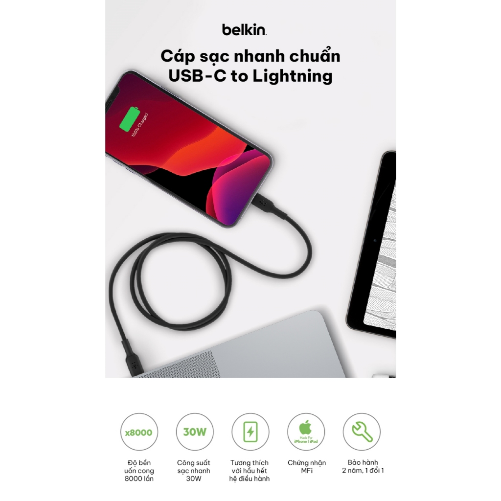 Ảnh Cáp sạc nhanh USB-C to Lightning BOOST CHARGE Belkin 30W vỏ nhựa bền bỉ, chứng nhận MFi 1