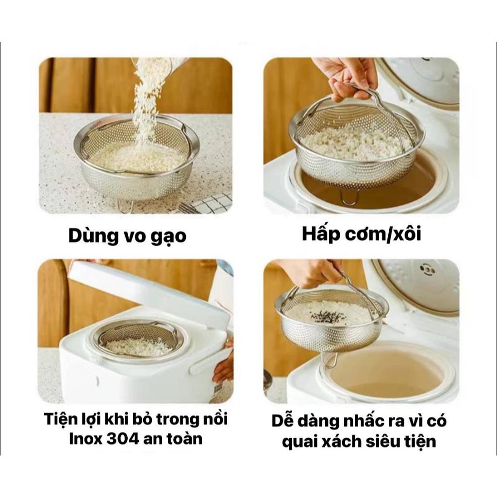 Rổ Hấp Có Quai Xách, Rổ Đa Năng Inox 304 Nội Địa Trung Cao Cấp Không Gỉ