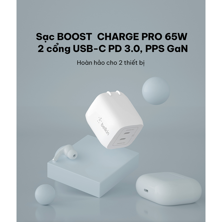 Ảnh Củ sạc nhanh Belkin PRO GaN 65W | 2 cổng USB-C, Thiết kế nhỏ gọn, công nghệ tối ưu, An toàn cao 2