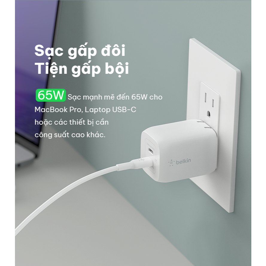 Ảnh Củ sạc nhanh Belkin PRO GaN 65W | 2 cổng USB-C, Thiết kế nhỏ gọn, công nghệ tối ưu, An toàn cao 4