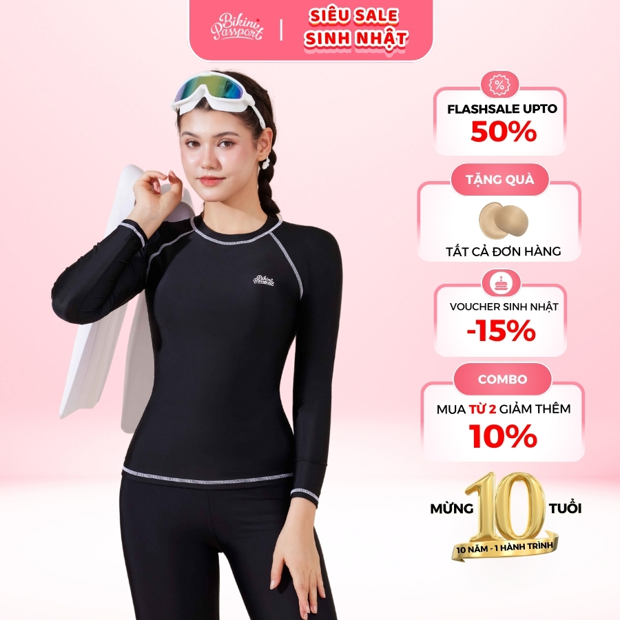 Ảnh Áo bơi LẺ Nữ BIKINI PASSPORT kiểu tay dài basic có logo - màu Đen - BS1004_BL 1