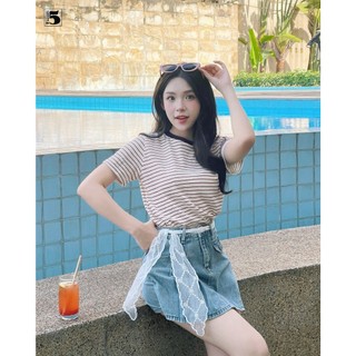 Áo Thun Nữ Dáng Suông Kẻ Ngang Phối Cổ Trẻ Trung Twentyfive Fashion - 6648