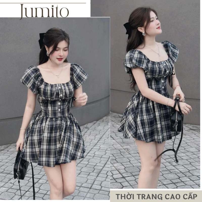 Váy cổ vuông họa tiết caro đen trắng tay bồng, váy xinh tiểu thư dáng xòe eo chun xinh xắn vintage HCOM25300