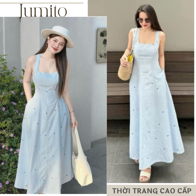 Váy 2 dây dáng dài chữ a cổ vuông hai dây họa tiết kẻ sọc, đầm maxi chất liệu linen thoáng mát mặc mùa hè HCOM25578
