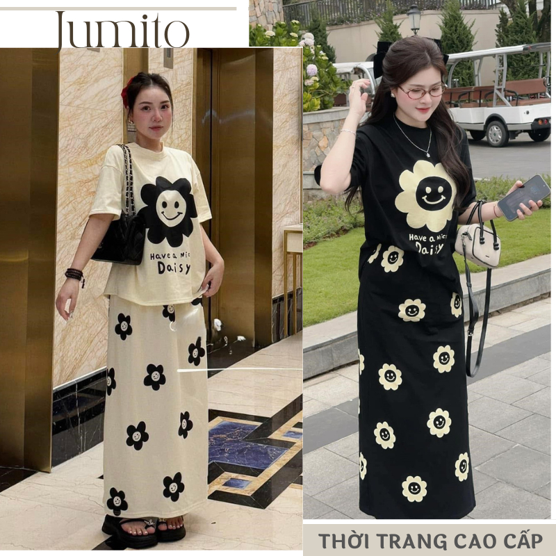 Set đồ nữ mùa hè áo thun chân váy dài họa tiết hoa cúc dễ thương, bộ hè nữ phong cách ulzzang xinh xắn HCOM25791