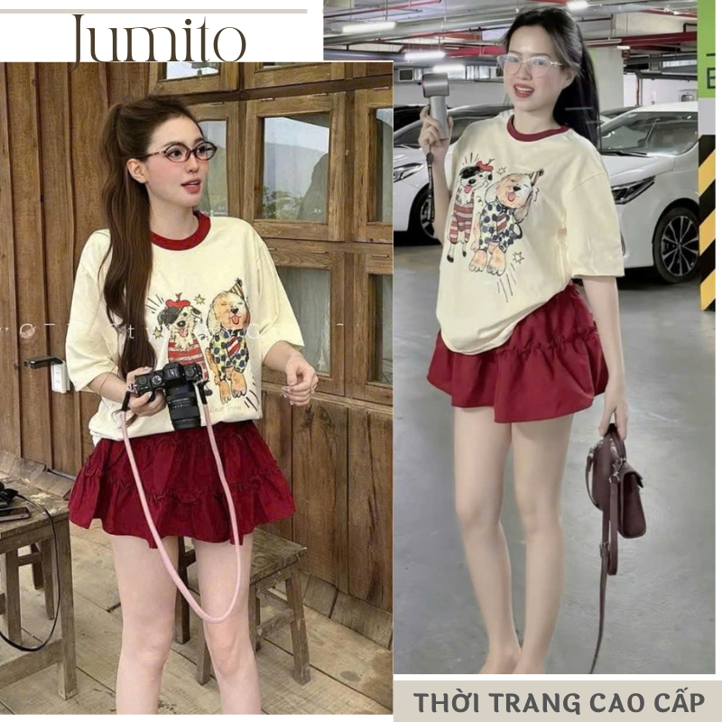 Set áo chân váy xòe bèo nhún chất liệu mềm mại, set đồ nữ mùa hè áo thun cotton chân váy ngắn cá tính HCOM25223