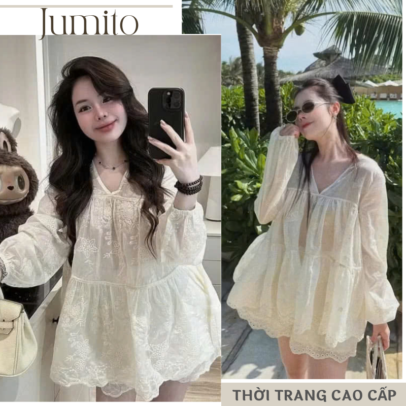 Bộ đồ nữ mùa hè ren trắng chất liệu thoáng mát tay dài cổ v viền ren, set áo ren bèo nhún họa tiết vintage HCOM25458