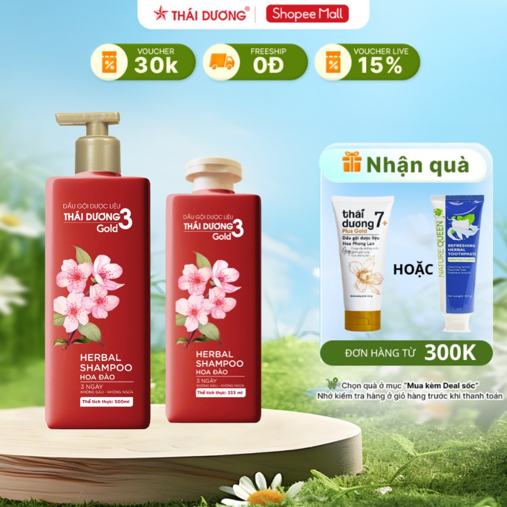 Ảnh Dầu gội Thảo dược Thái Dương 3 Gold Hoa Đào Chai 500ml, 333ml - Sao Thái Dương 1