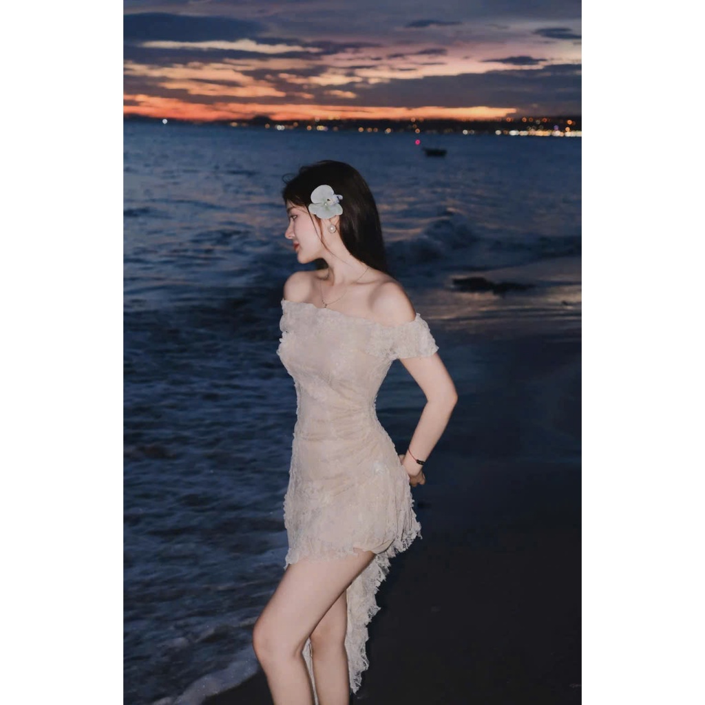 Đầm váy hoa đi biển - Đầm váy nữ thiết kế đầm ren 2 lớp bẹt vai có mút có quần, sexy quyến rũ phù hợp cho nàng đi biển