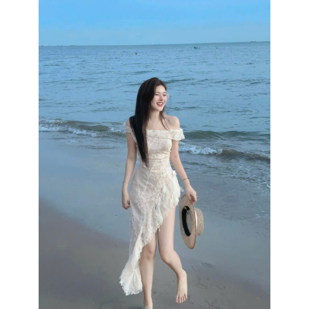 Đầm váy hoa đi biển - Đầm váy nữ thiết kế đầm ren 2 lớp bẹt vai có mút có quần, sexy quyến rũ phù hợp cho nàng đi biển
