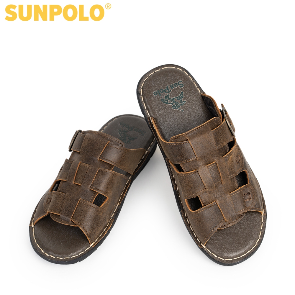 Ảnh Dép Nam Quai Ngang Da Bò Cao Cấp SUNPOLO AQN022 Phiên Bản Nâu Đặc Biệt 3