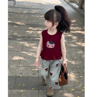 Set áo mèo hellokity mix quần bò nơ phong cách hàn quốc cho bé gái