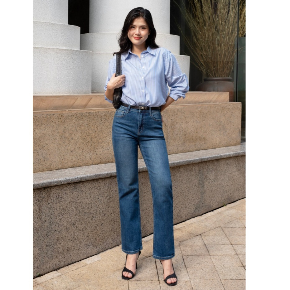 Quần Jean Ống Đứng Co Giãn, Lưng Cao, Màu Xanh Đậm Wash Sang Trọng, STJ.5 Sapphire Straight Jeans