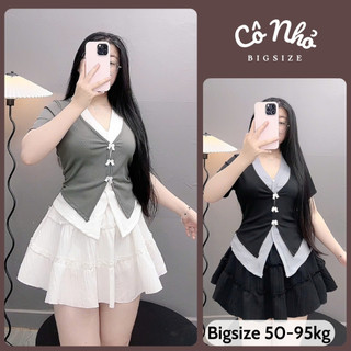 Set Bộ Bigsize Áo Cổ Tim Đính Nơ Vải Tăm Qc Mát Dễ Thương Phối Chân Váy Xoè Cho Chuppy SET977