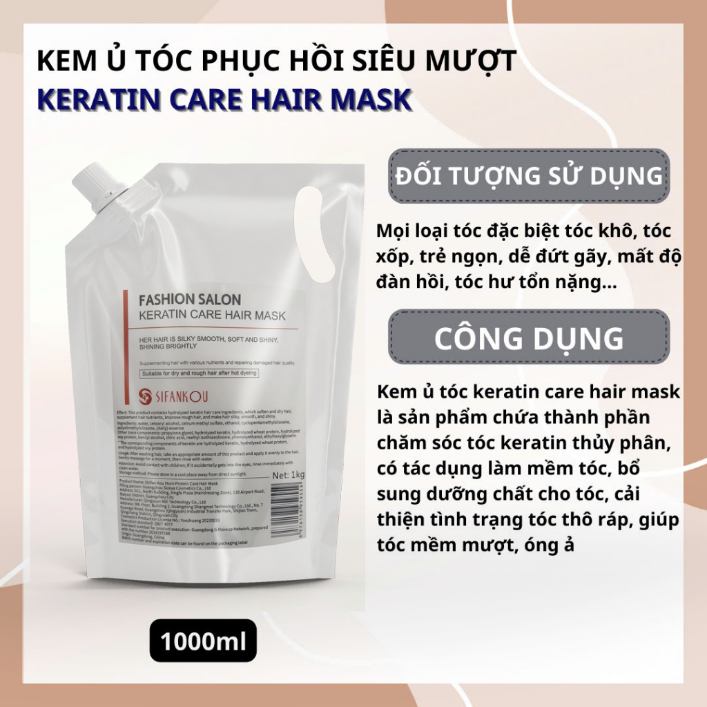 Mặt nạ tóc Keratin Hair Mask 1000ml Phục hồi tóc hư tổn, giúp giảm gãy rụng và ngăn ngừa rụng tóc