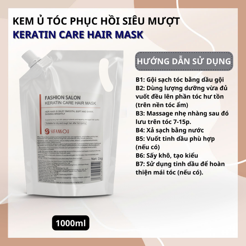 Mặt nạ tóc Keratin Hair Mask 1000ml Phục hồi tóc hư tổn, giúp giảm gãy rụng và ngăn ngừa rụng tóc
