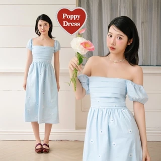 BLEUBIRD váy thô thêu hoa dáng dài xếp ly ngực Poppy Dress
