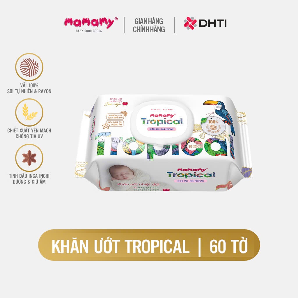 Ảnh Combo 3 gói khăn ướt Mamamy Tropical 60 tờ không mùi cao cấp chính hãng cho mẹ và bé, sợi vải thuần tự nhiên và rayon 2