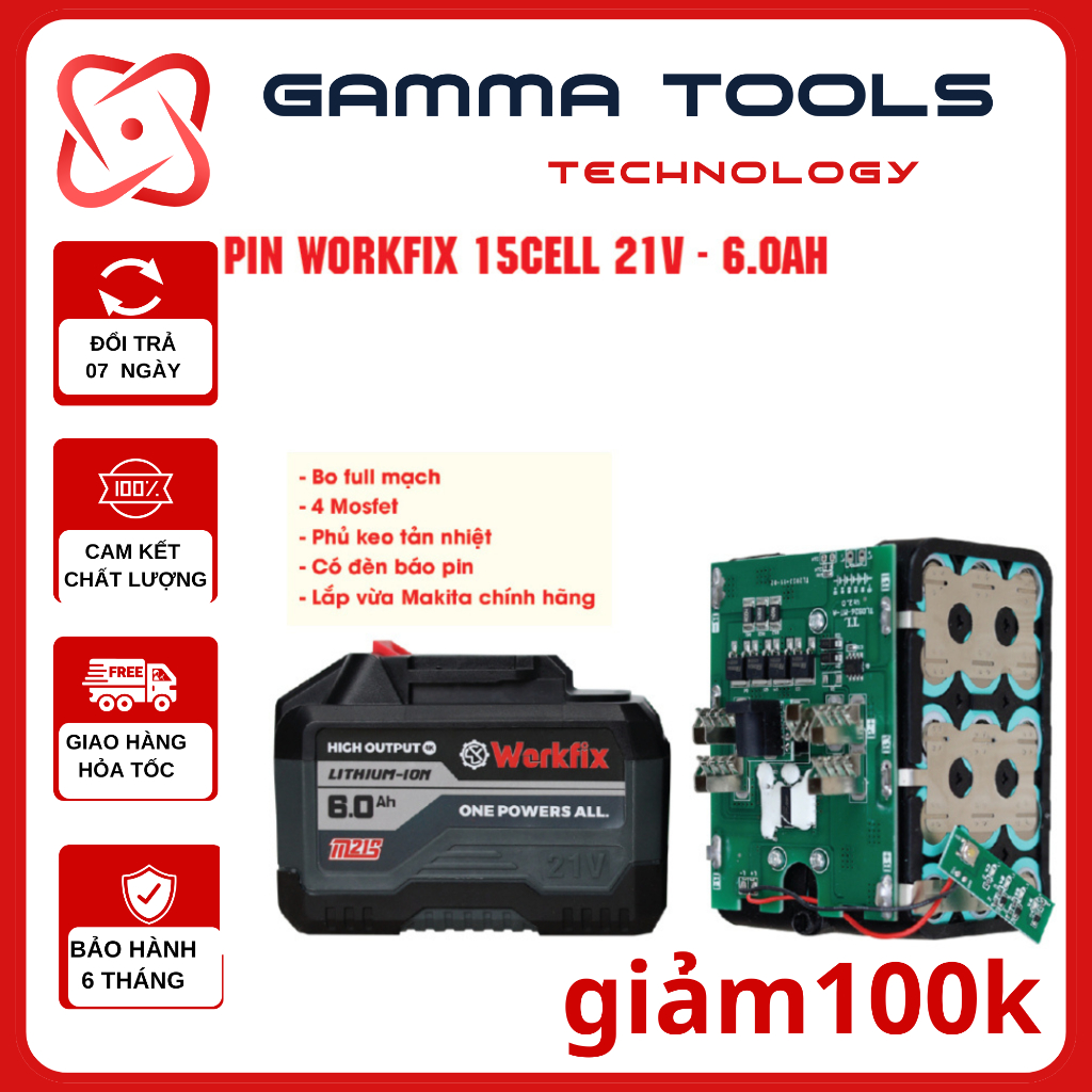 Pin Máy Khoan 15 Cell Workfix, 21 Volt 6 Ah Màu Xanh,Chân Pin thông ...