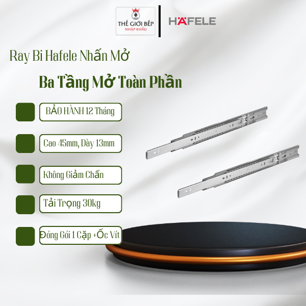 Ray bi nhấn mở Hafele, ray 3 tầng mở toàn phần, Bảo hành 12 tháng ...