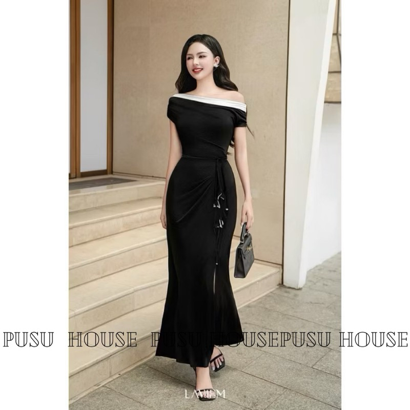 Đầm dự tiệc body đuôi cá lệch vai xẻ đùi dài phối kèm dây cột eo tôn dáng chất thun ánh kim cao cấp - Pusu house