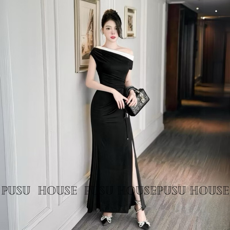 Đầm dự tiệc body đuôi cá lệch vai xẻ đùi dài phối kèm dây cột eo tôn dáng chất thun ánh kim cao cấp - Pusu house