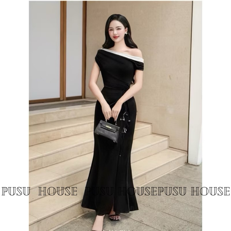 Đầm dự tiệc body đuôi cá lệch vai xẻ đùi dài phối kèm dây cột eo tôn dáng chất thun ánh kim cao cấp - Pusu house