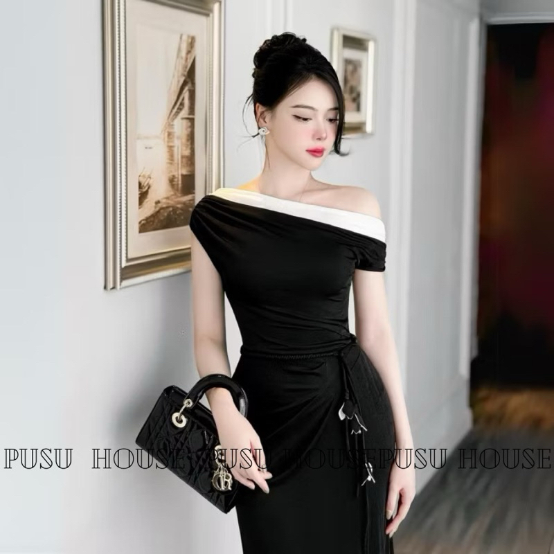 Đầm dự tiệc body đuôi cá lệch vai xẻ đùi dài phối kèm dây cột eo tôn dáng chất thun ánh kim cao cấp - Pusu house