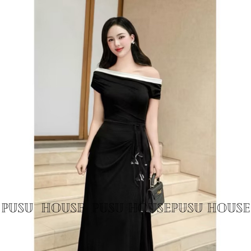 Đầm dự tiệc body đuôi cá lệch vai xẻ đùi dài phối kèm dây cột eo tôn dáng chất thun ánh kim cao cấp - Pusu house