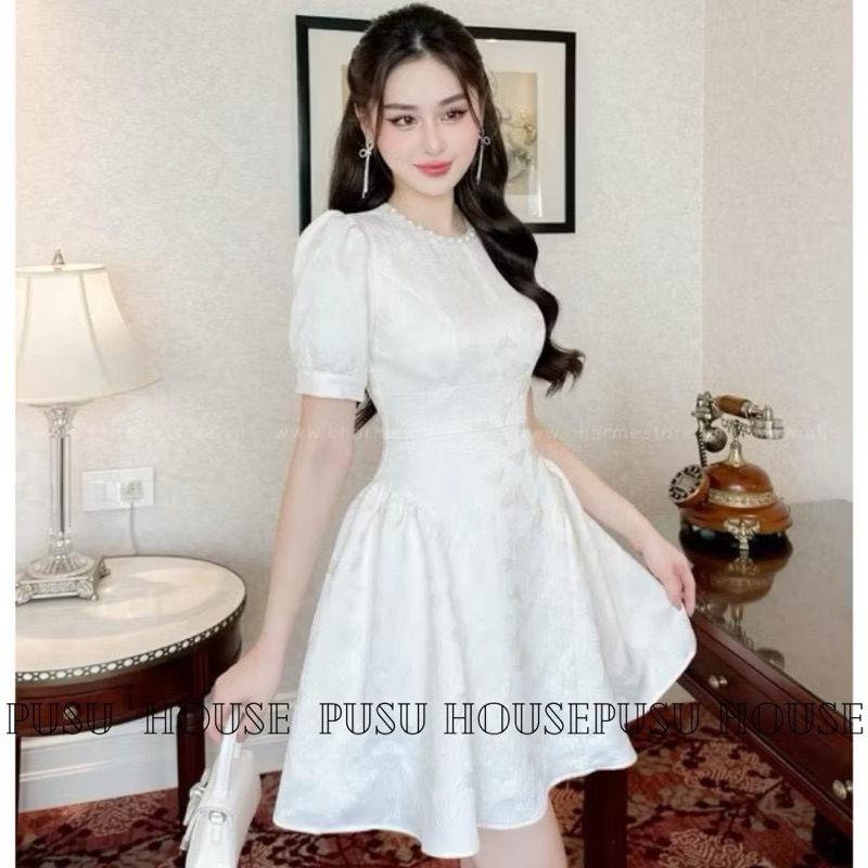 Đầm dự tiệc gấm hoa cổ tròn ngọc dáng ngắn xoè sang trọng trẻ trung-Pusu house
