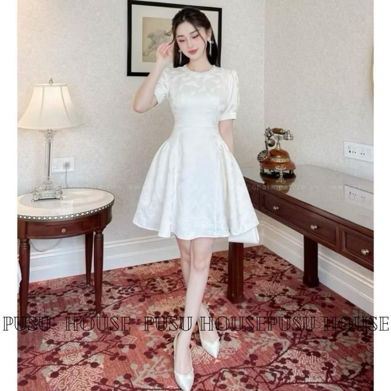 Đầm dự tiệc gấm hoa cổ tròn ngọc dáng ngắn xoè sang trọng trẻ trung-Pusu house