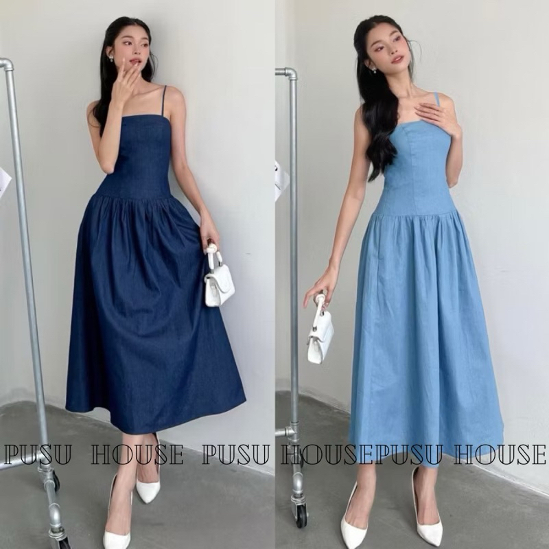 Đầm denim maxi hai dây dáng dài xoè tôn dáng dự tiệc dạo phố -Pusu house