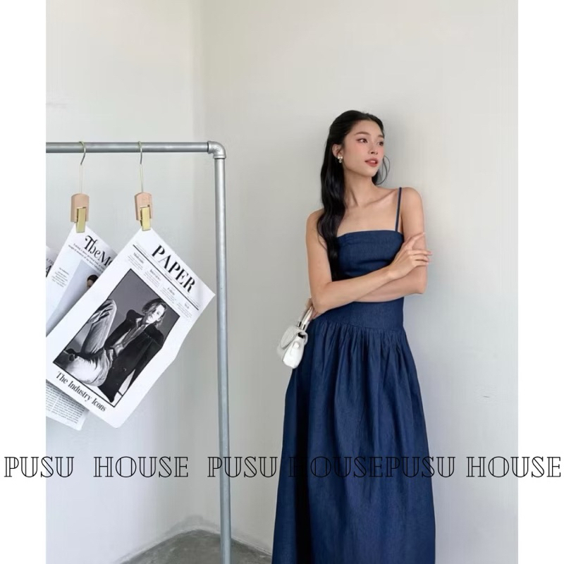 Đầm denim maxi hai dây dáng dài xoè tôn dáng dự tiệc dạo phố -Pusu house