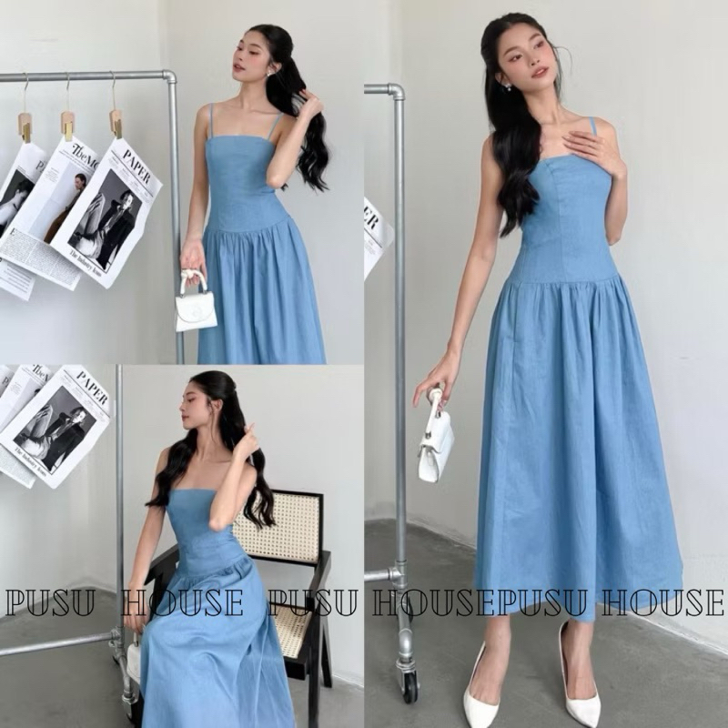 Đầm denim maxi hai dây dáng dài xoè tôn dáng dự tiệc dạo phố -Pusu house