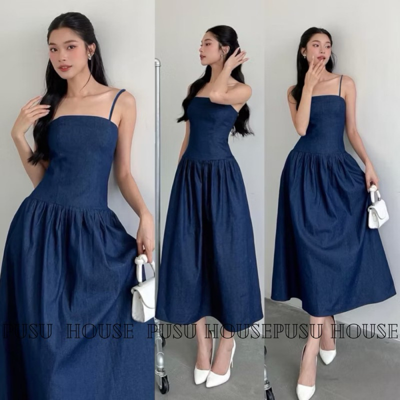 Đầm denim maxi hai dây dáng dài xoè tôn dáng dự tiệc dạo phố -Pusu house