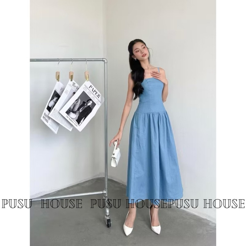 Đầm denim maxi hai dây dáng dài xoè tôn dáng dự tiệc dạo phố -Pusu house