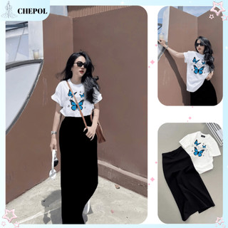 Bộ Áo Phông Nữ Chepol Cao Cấp, Form Rộng, In Chữ, Cổ Tròn, Phối Chân Váy, Chất Cotton( Áo Thun Trắng + CV Suông)CP_x5434