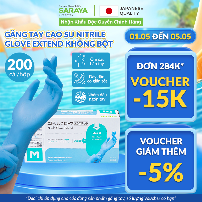 Ảnh Găng tay cao su Saraya Nitrile Glove Extend (Màu Xanh), dùng trong thực phẩm, làm đẹp, công nghiệp - 200 cái/hộp 1