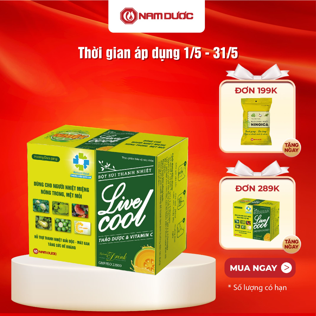 Ảnh Bột sủi thanh nhiệt Livecool Nam Dược hương dưa gang hộp 6 góix7g hỗ trợ giảm nhiệt miệng nóng trong 1