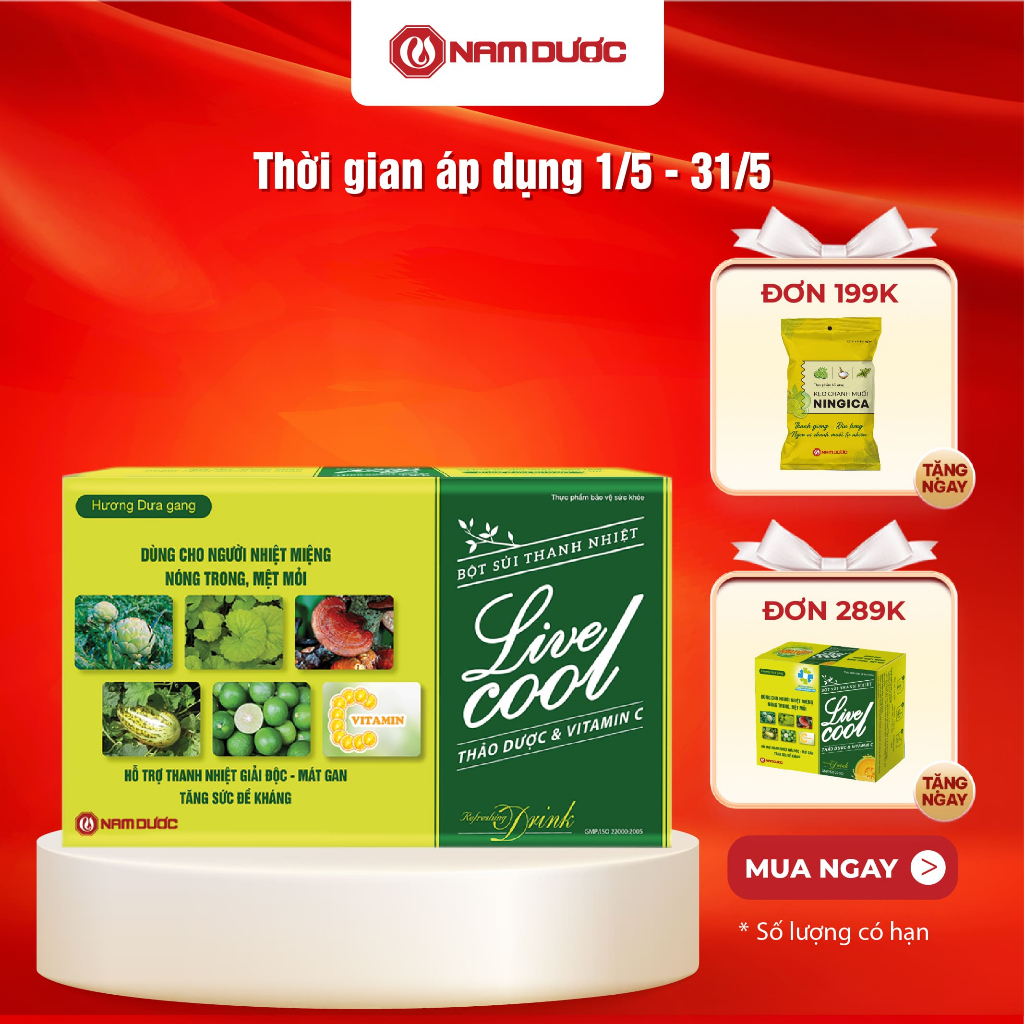 Ảnh Bột sủi thanh nhiệt Livecool Nam Dược hương dưa gang hộp 10góix7g hỗ trợ giảm nhiệt miệng nóng trong 1