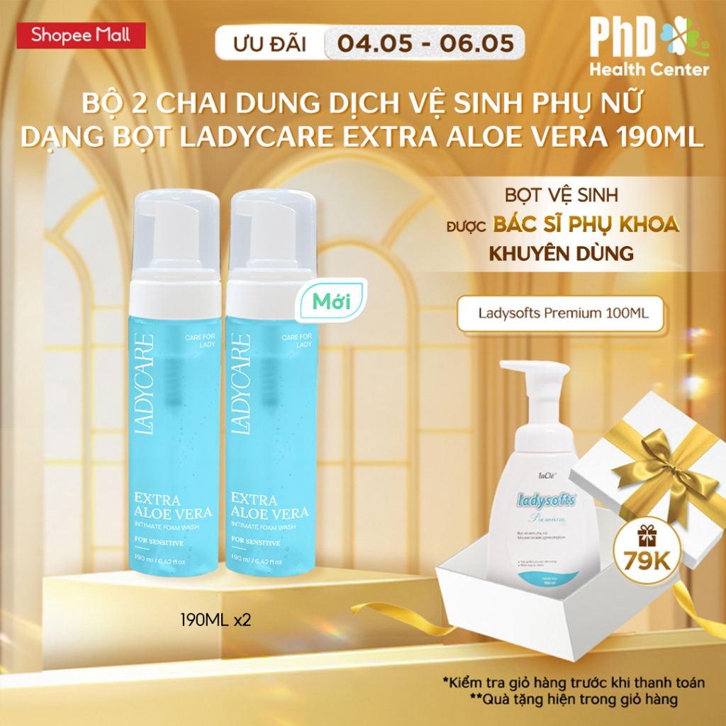 Ảnh Combo 2 Dung Dịch Vệ Sinh Phụ Nữ Dạng Bọt Ladycare Extra Aloe Vera Da Nhạy Cảm, Duy Trì pH 190ml 1