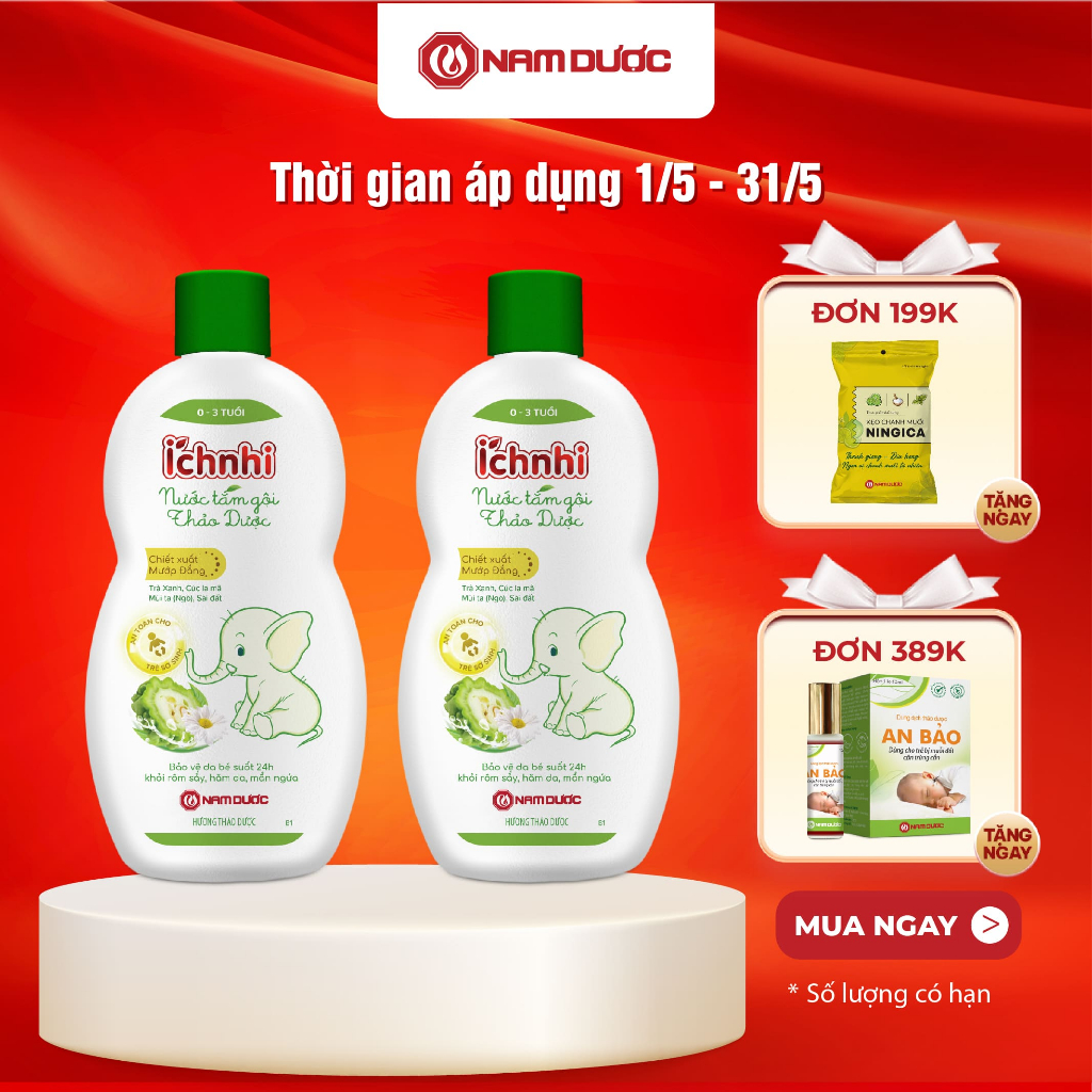 Ảnh Combo 2 chai Nước tắm gội thảo dược Ích Nhi (0-3 tuổi) bảo vệ bé suốt 24h ngừa rôm sảy, hăm da, mẩn ngứa, 230ml/ 1 chai 1