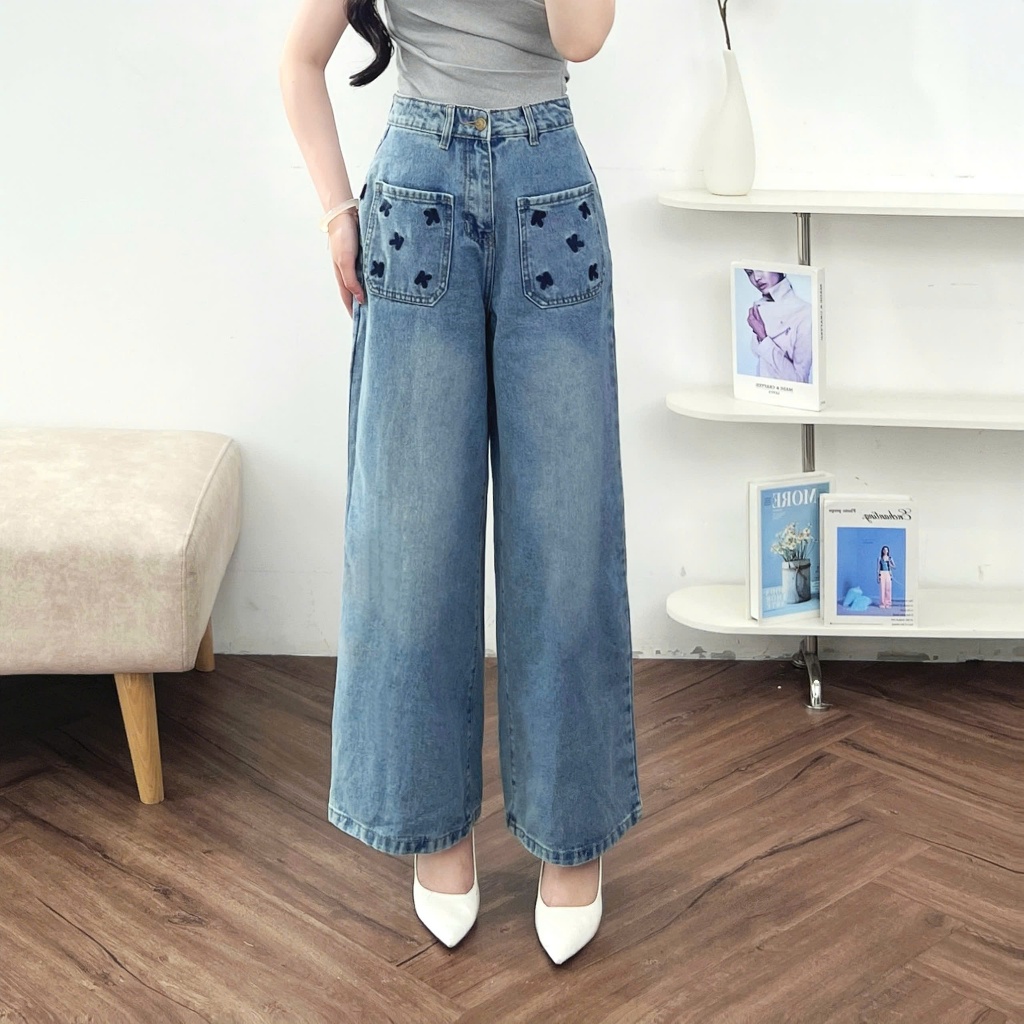 Ảnh Quần Jean Nữ 𝐂𝐂𝐇𝐀𝐓 Dáng Suông Chữ K Trang Trí Túi Chất Liệu Jeans Cao Cấp 15GDJ2020ST 2