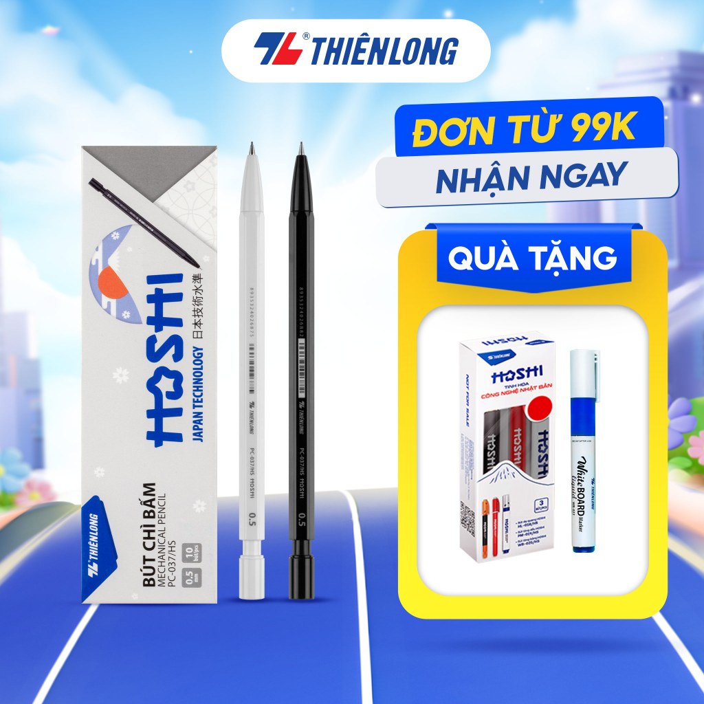 Ảnh Bút chì bấm Hoshi Thiên Long PC-037/HS công nghệ Nhật Bản - viết chì ngòi 0.5mm thiết kế tối giản, sẵn gôm trên nắp 1
