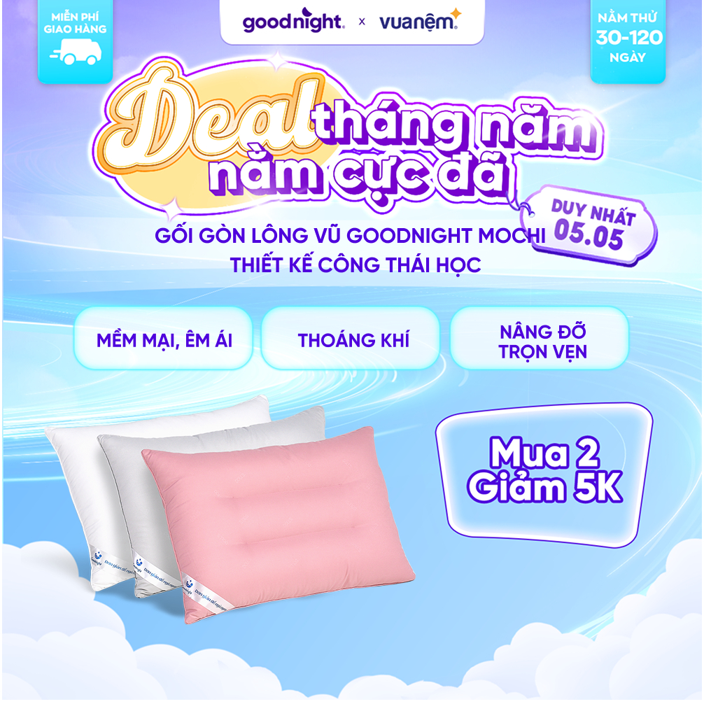 Ảnh Gối Ngủ Goodnight Mochi 45x65cm, Gối Gòn Lông Vũ, Ruột Gối Nằm Cao Cấp Thư Giãn, Êm Ái 1
