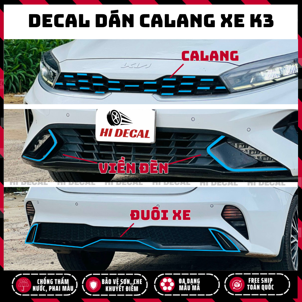 Tem dán calang Kia K3 viền line xe K3,  decal dán viền xe KIA K3 trang trí xe bền màu, chống nước bền màu
